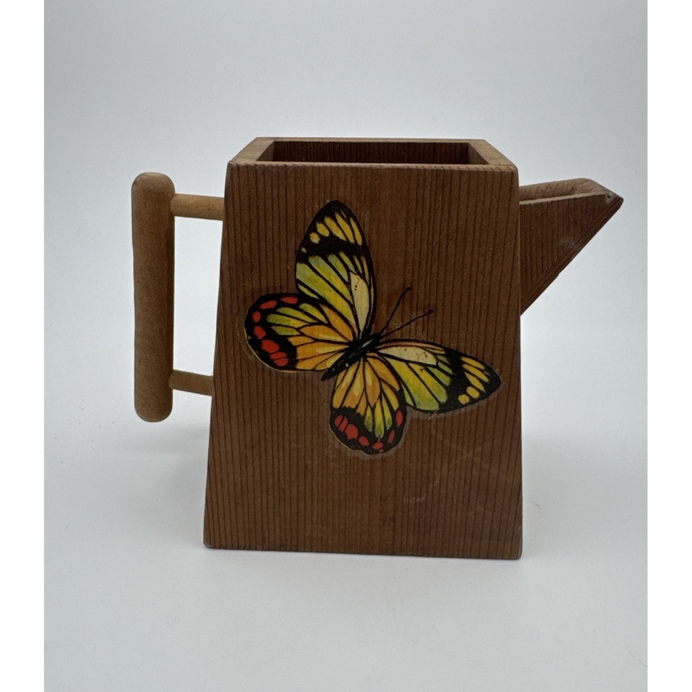 Unique 1940s Wooden Water Can Butterfly Cottage Whimsical Decor Trinket